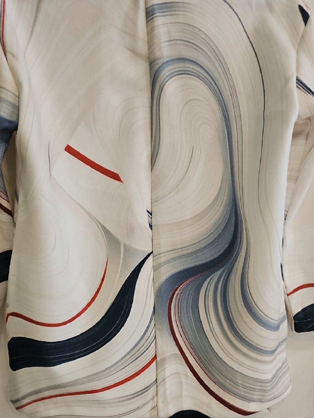 New White Swirl Abstract Print Open Blazer with Blue & Black Accents Small - Picture 7 of 11